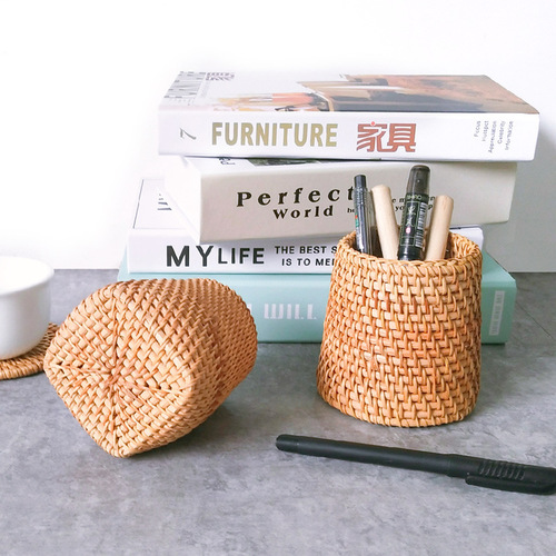 Vietnamese Hand-woven Six Gentlemen Tea Set Storage, Round Tower Shaped Tea Canister Ornament, Three-Piece Set Accessories