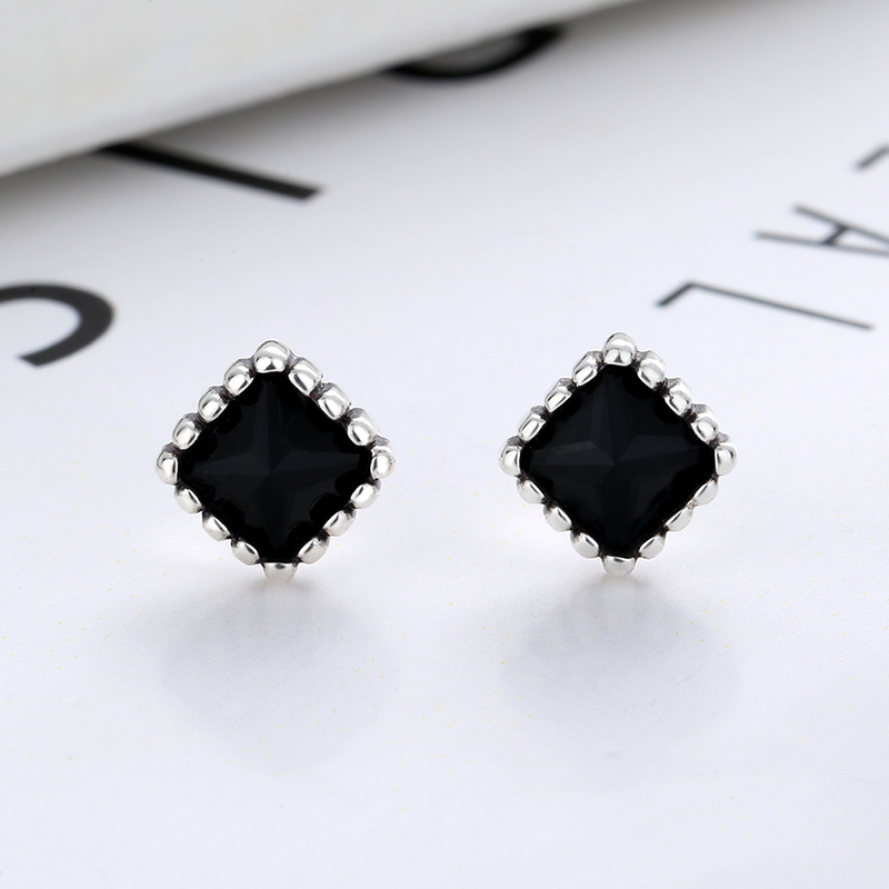 黑锆石耳钉s925纯银朋克潮泰银镶闪耀锆石复古风个性饰品批发