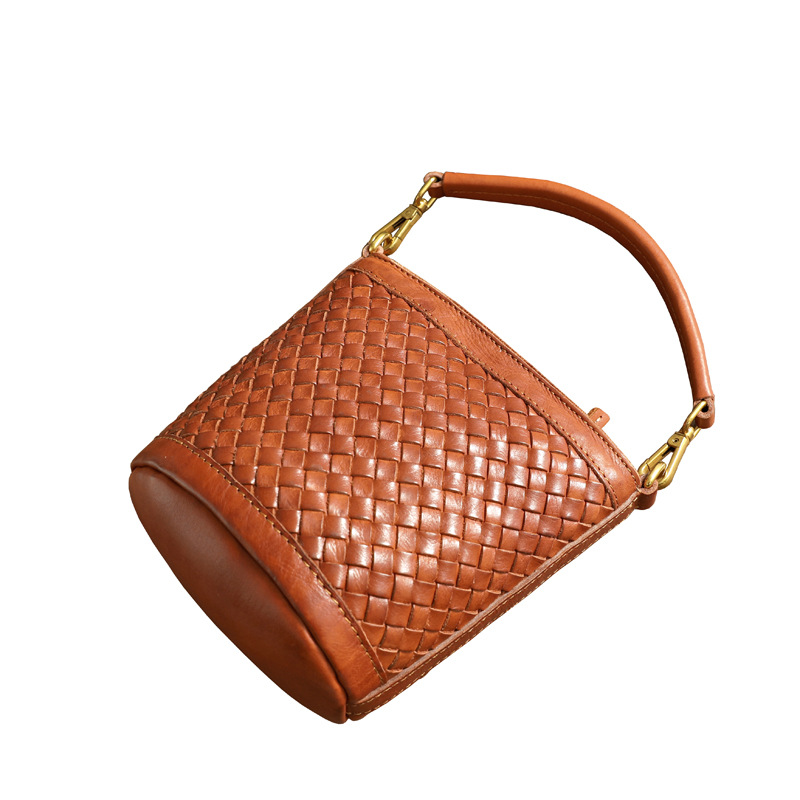 Hand-Woven Genuine Leather Women's Bag - Vegetable Tanned Cowhide, Washed And Waxed Vintage Crossbody Bag 21181 - Thumbnail 5