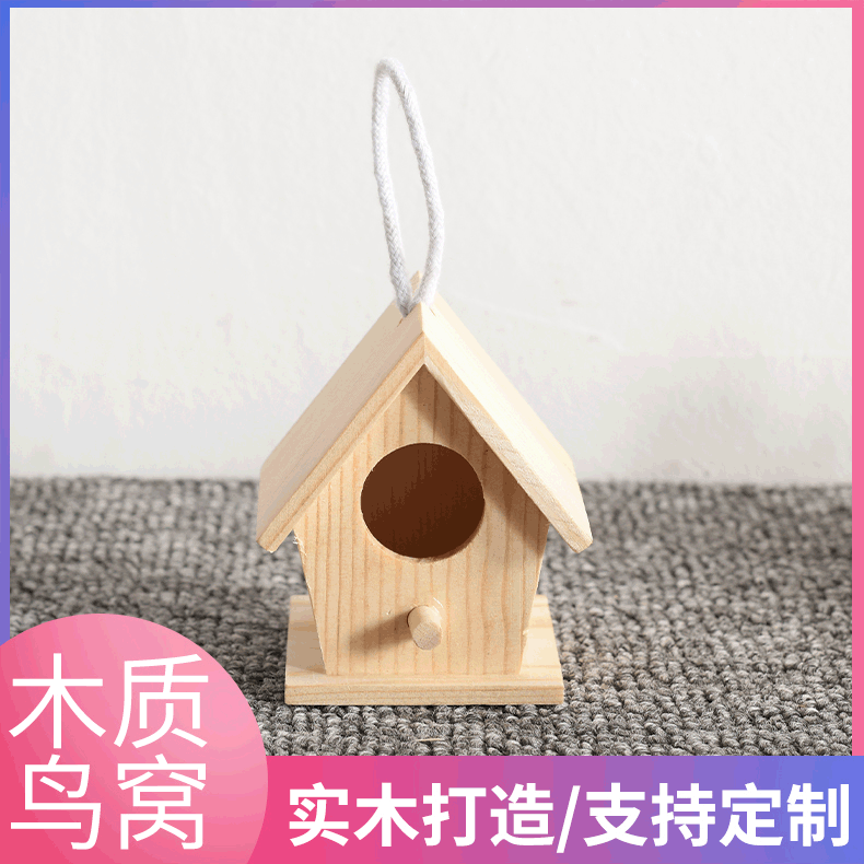 Cross-border Wooden Birdcage Birdhouse House Bird's Nest Hanging Ornaments Bird's Nest diy Graffiti Christmas Decorations Hanging Birds