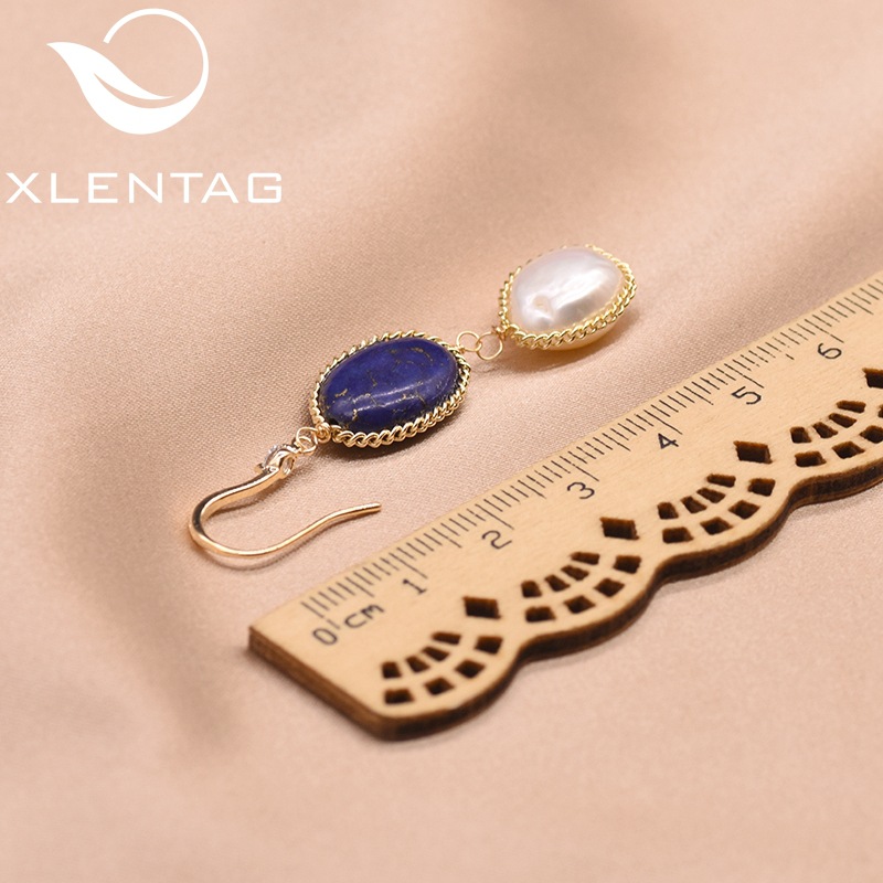 Perla de alta sensación de agua dulce perlas pendientes asimétricos temperamento retro joyas lapislázuli al por mayor natural
