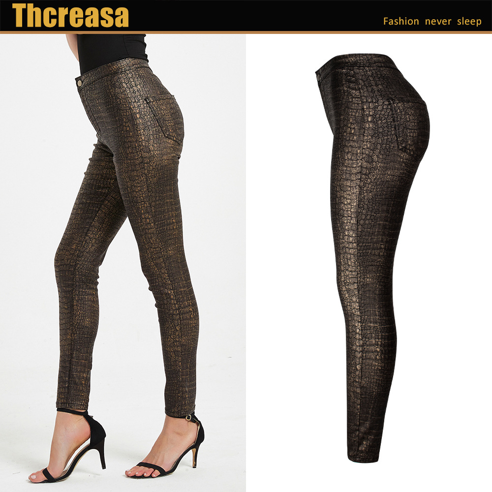 Women's Clothing fashion tight women's pants high waisted PU coated pants sexy small feet crocodile pattern pants for women in autumn_voghion.com