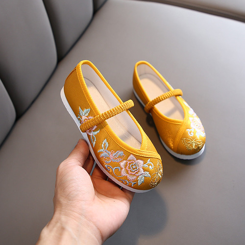 New Children's Hanfu Shoes with Chinese Style Ancient Costume Shoes, Soft Sole, Old Beijing Fabric Shoes, Handmade Girls' Embroidered Shoes