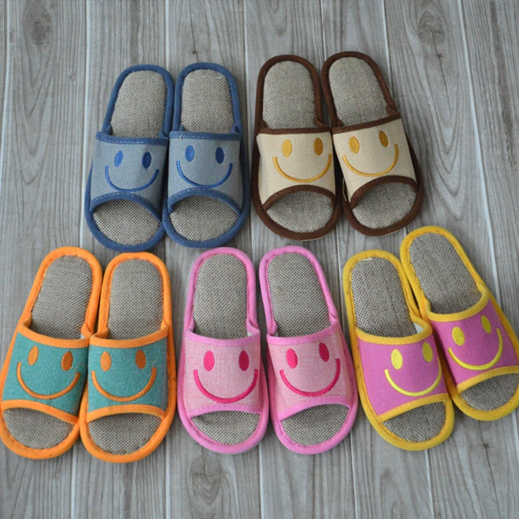 Весенние и осенние льняные тапочки для пары Домашние тапочки Симпатичные тапочки со смайликом Домашние Тапочки