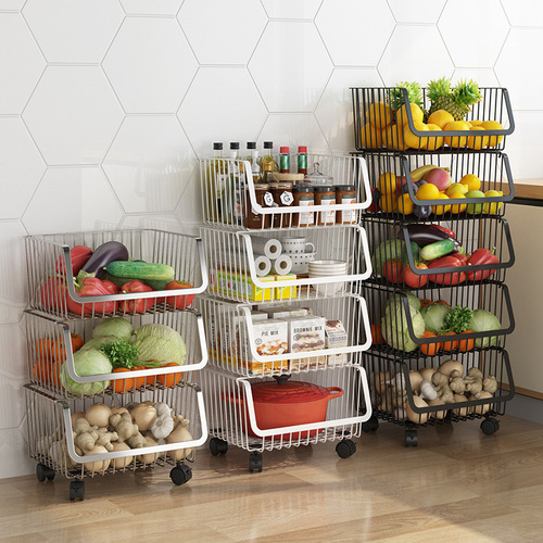 Kitchen rack floor-standing multi-layer removable fruit and vegetable toy pot rack storage basket stainless steel trolley basket