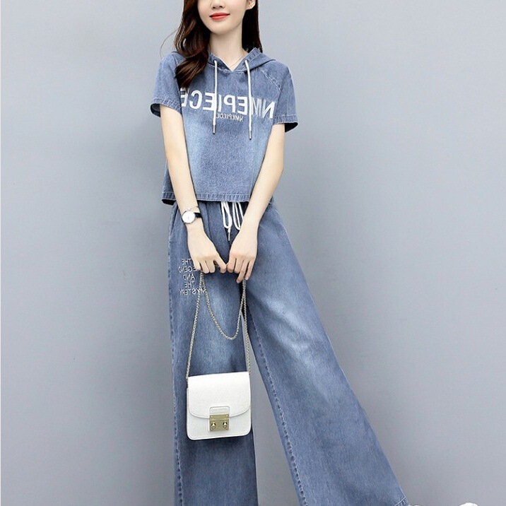 Casual Fashion Suit Women's Summer Stylish Age-reducing Slimming Elegant Women's Tencel Denim Wide-leg Pants Two-piece Fashionable Suit