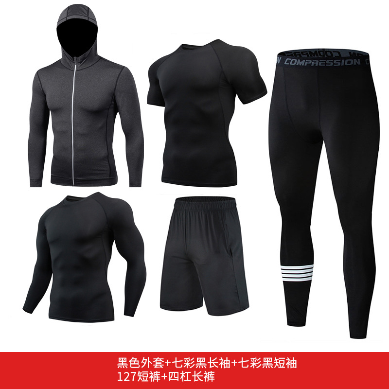 블랙 코트 + 컬러풀한 블랙 롱 슬리브 + 컬러풀한 블랙 반팔 + 127 반바지 + 바 팬츠 4 개