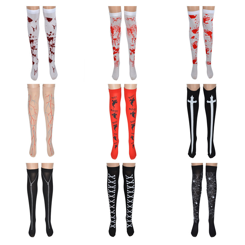 Halloween Masquerade Cosplay Stockings Skeleton Spider Web Bloody Blood Socks Printed Over-The-Knee Socks Footless