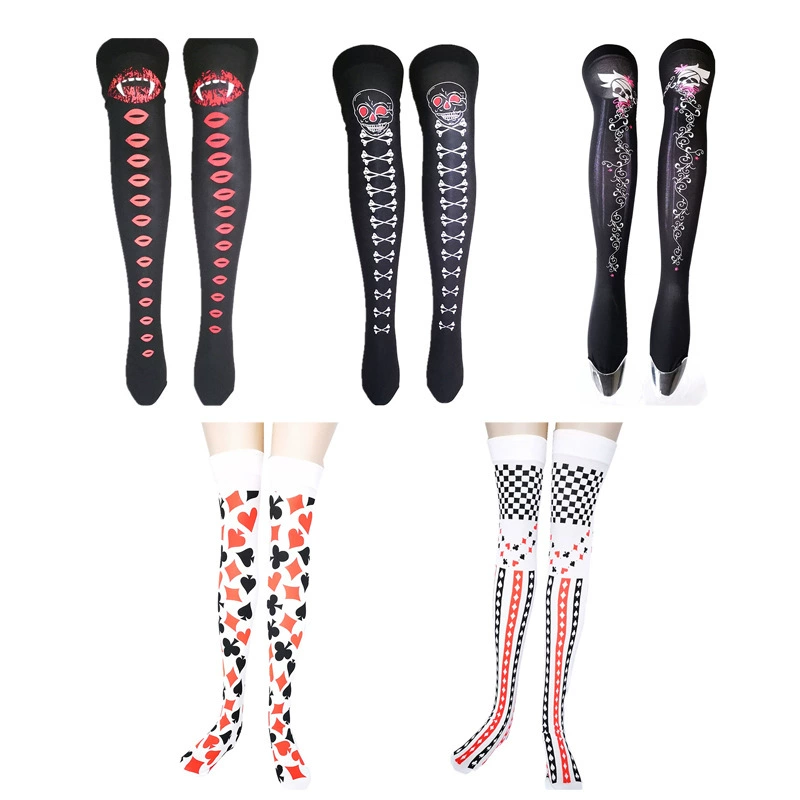 Amazon в том же стиле чулки на Хэллоуин красные губы, скелет, Чулки с принтом выше колена