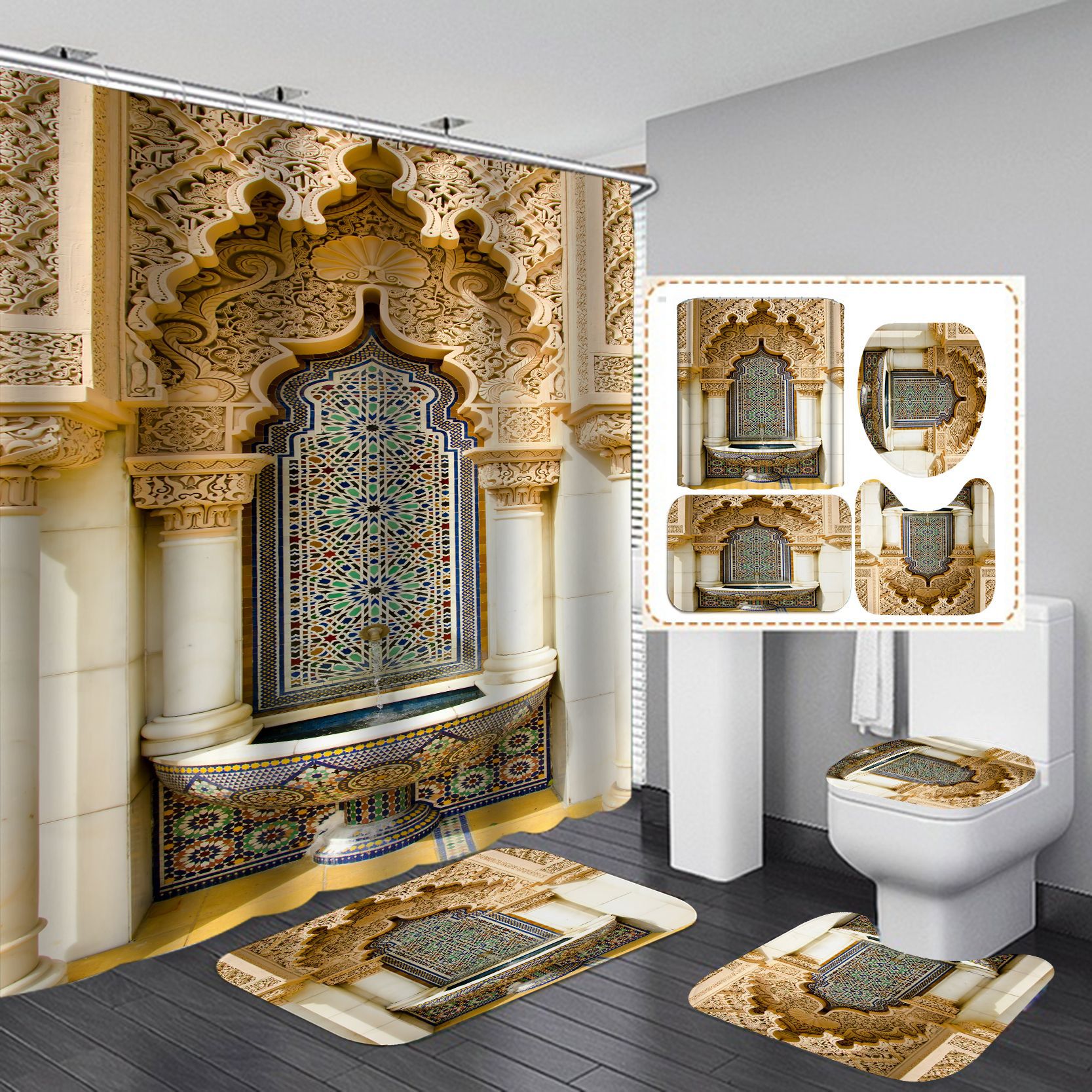 Transfronterizo Amazon e-commerce 3D digital de poliéster impresión puerta Cortina de ducha conjunto de cuatro piezas suministro directo de fábrica