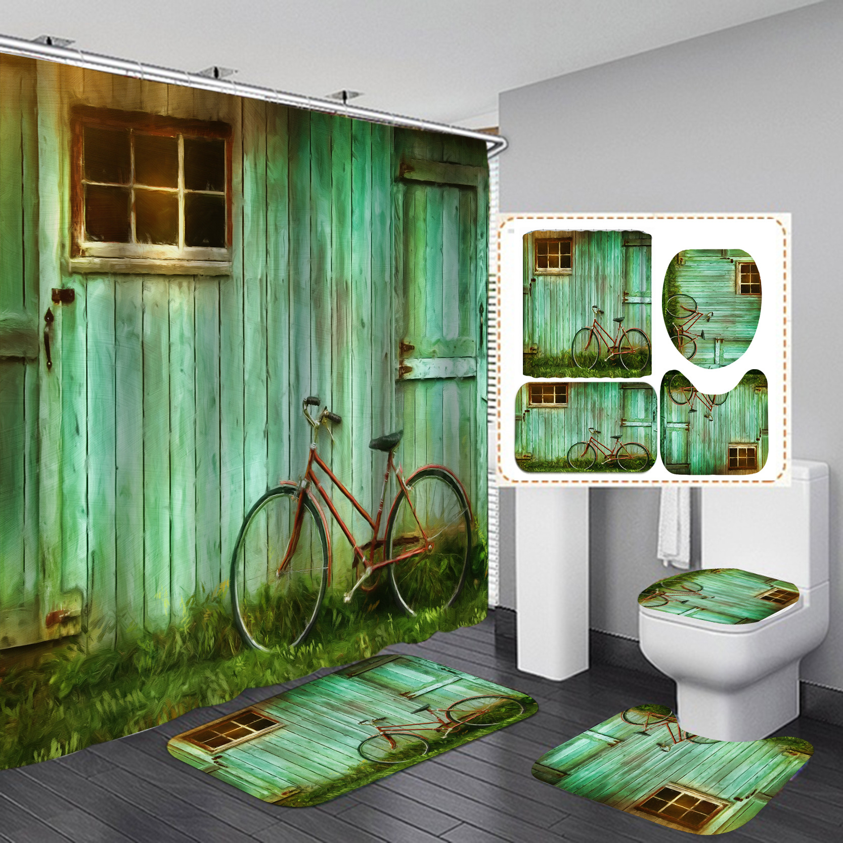 Transfronterizo Amazon e-commerce 3D digital de poliéster impresión puerta Cortina de ducha conjunto de cuatro piezas suministro directo de fábrica