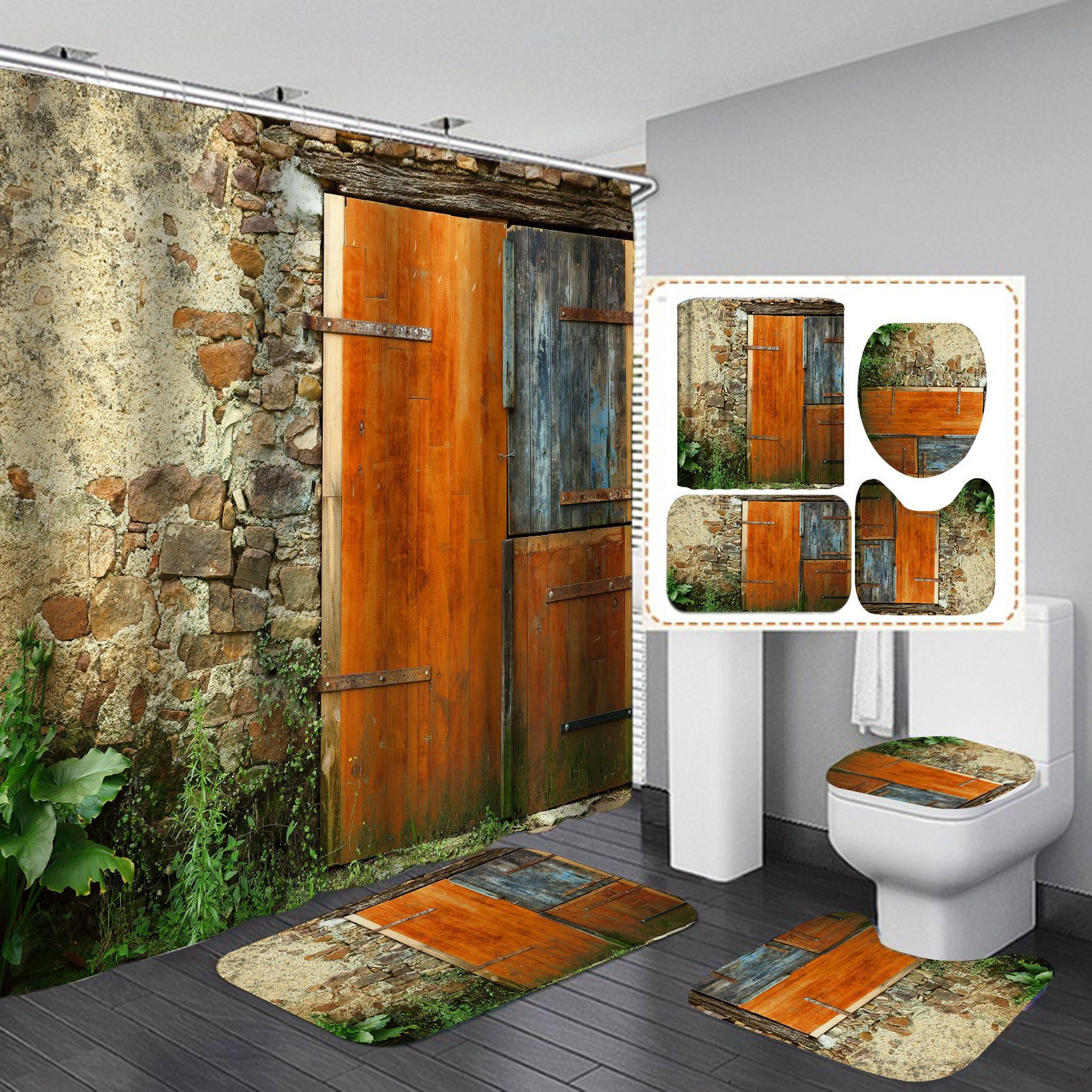 Transfronterizo Amazon e-commerce 3D digital de poliéster impresión puerta Cortina de ducha conjunto de cuatro piezas suministro directo de fábrica