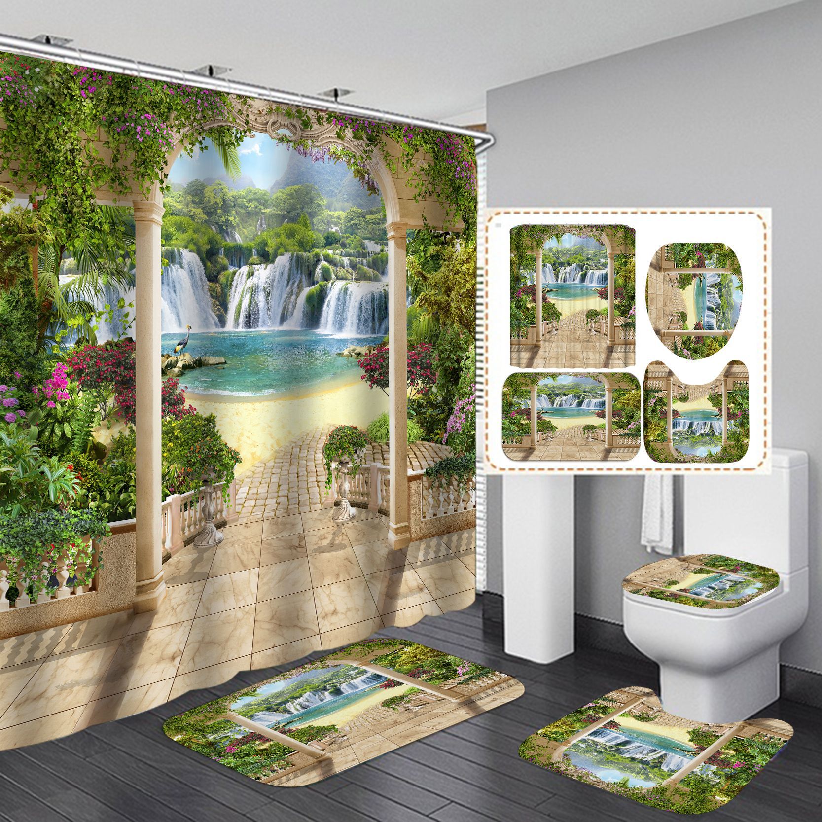 Amazon AliExpress e-commerce Venta caliente 3D Impresión digital paisaje Cortina de ducha cortina de partición de hotel de cuatro piezas conjunto de suministro directo de fábrica