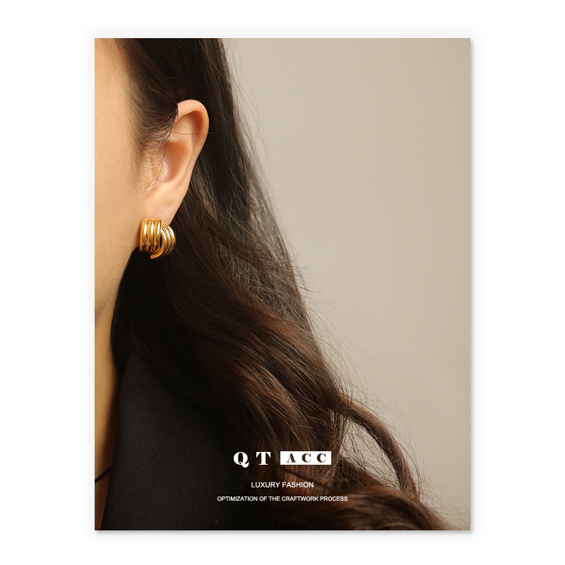 Pendientes de latón con baño de oro real, diseño de líneas personalizadas, estilo minimalista y moderno para mujer, con aguja de plata 925. image 4