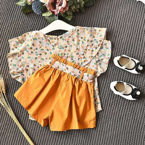 Women's Summer Set New Korean Style Children's Clothing Middle and Small Girls Baby Chiffon Short Sleeve + Short Pants Set Manufacturer Direct