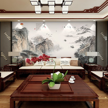新中式电视背景墙壁画意境山水壁纸3D无缝墙布客厅大气无纺布E18