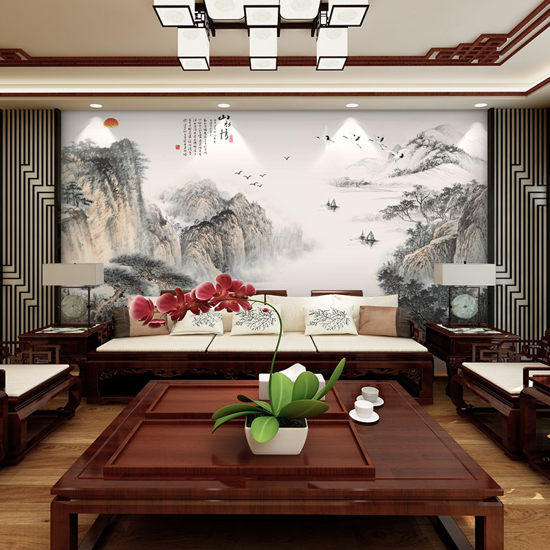 新中式电视背景墙壁画意境山水壁纸3D无缝墙布客厅大气无纺布E18
