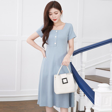 女装中长款法式复古连衣裙2025新款方领裙子气质显瘦短袖时尚夏季