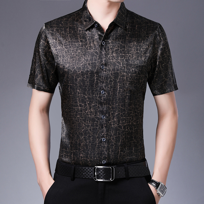 Men's Silk Short-Sleeve 2026 Summer Printed Cardigan Mulberry Silk Chinese Style Satin Men's Shirt Business Gentleman