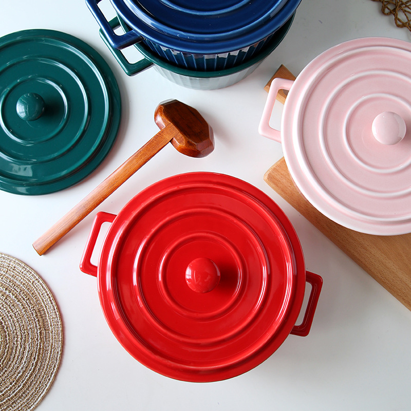 欧式双耳带盖汤碗厨房沙拉碗大号学生大容量泡面碗家用创意陶瓷碗