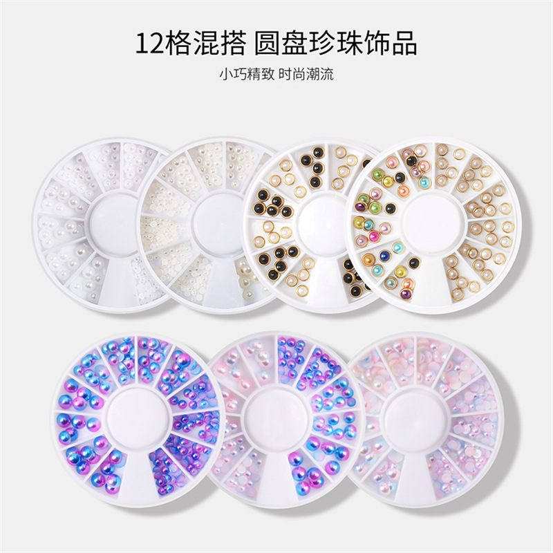 Nueva joyería de perlas de uñas semicírculo joyería de perlas redonda plana 12 rejilla joyería mixta disco portátil