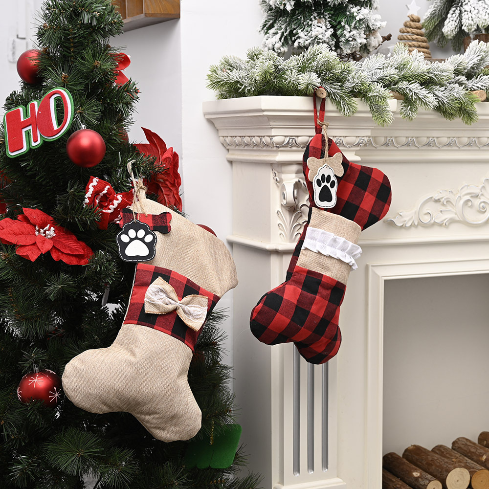 Weihnachtshaube Weihnachtsdekoration Zubehör Leinen Plaid Knochen Socken Weihnachtssocken Kinder Geschenktüte Bonbontüte Baumanhänger_voghion.com