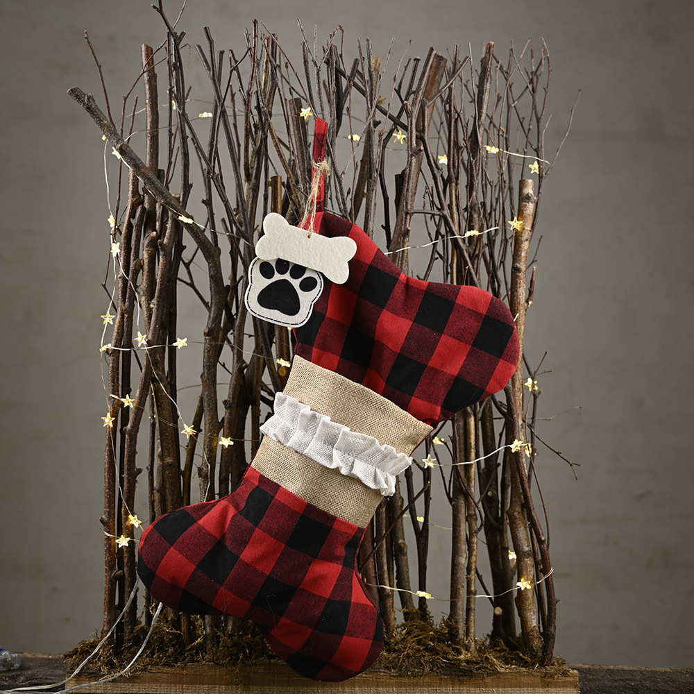 Weihnachtshaube Weihnachtsdekoration Zubehör Leinen Plaid Knochen Socken Weihnachtssocken Kinder Geschenktüte Bonbontüte Baumanhänger_voghion.com