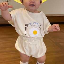 夏款婴幼儿夏季短袖短裤锈花荷包蛋T恤+棉衣服套装韩版纯棉
