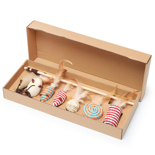 Cat Funny Stick Seven-piece Gift Box Teething Cat Toy Feather Bell Plush Mouse Cat Funny Stick Wholesale