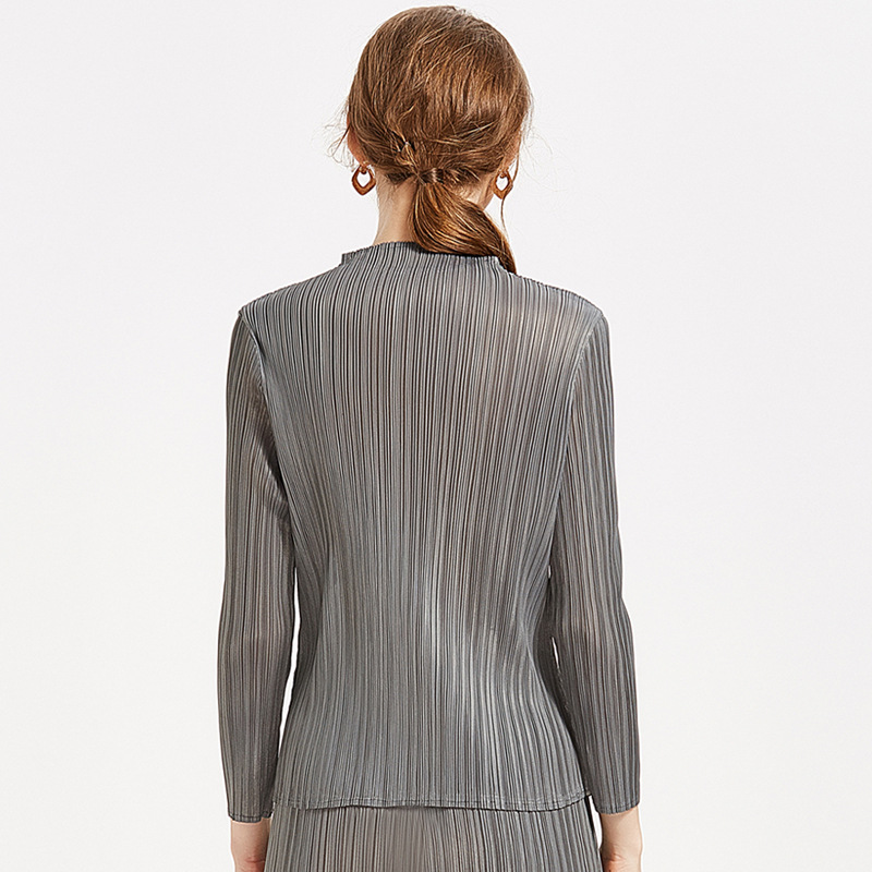 三宅シンプルクラシックプリーツレディース長袖トップス春半袖スタンドカラーTシャツドロップシッピング