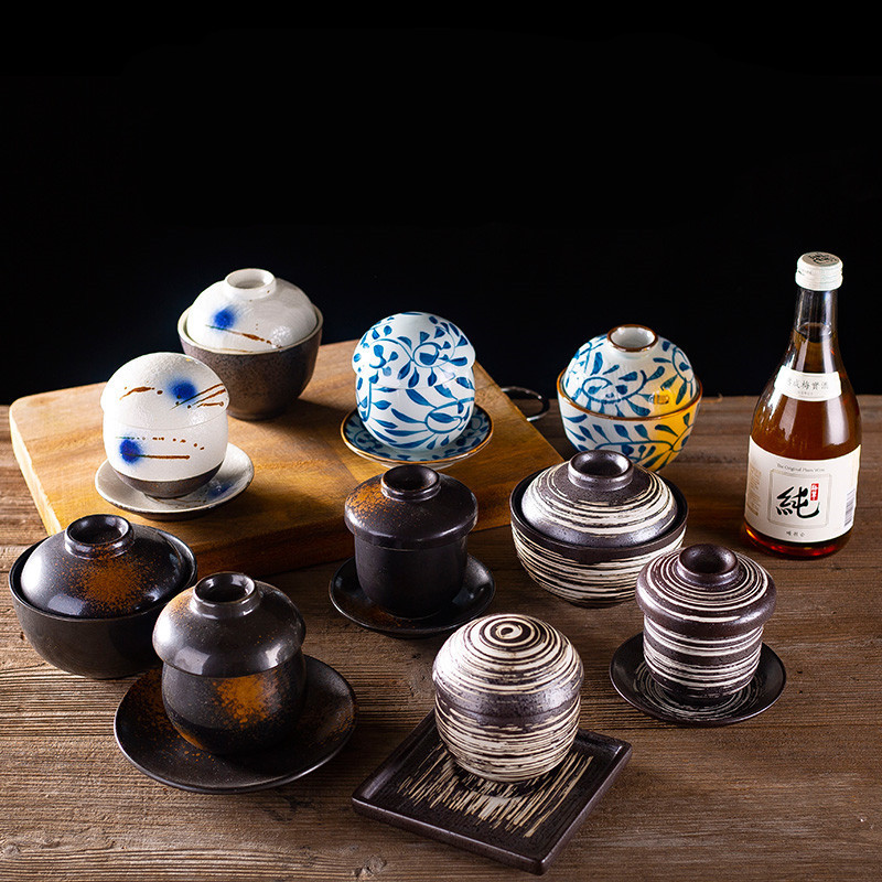 Japanese-style tea bowl steamed rice soup bowl cover Bowl steamed egg bowl black sushi soup bowl ceramic hotel tableware