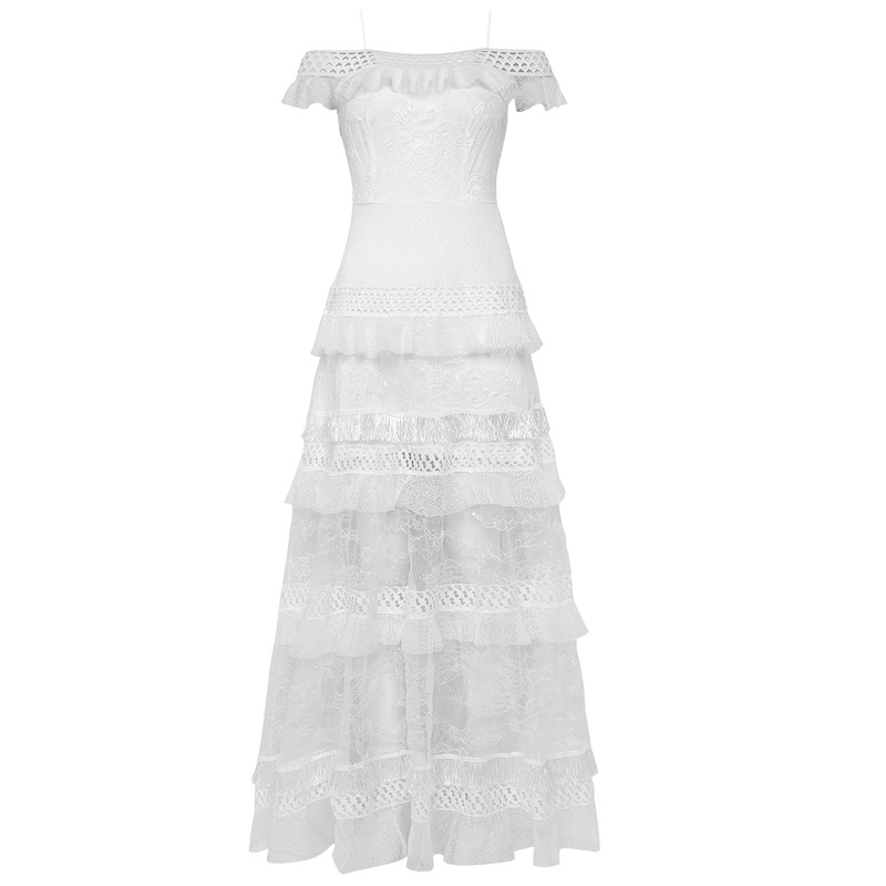 Vestido de encaje de las mujeres europeas y americanas Amazon fuera del hombro hoja de loto boda vestido de noche vestido de banquete transfronterizo