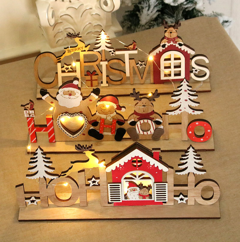 Navidad grabado láser de madera DIY montado luminoso carta tarjeta Navidad decoración suministros adornos luminosos