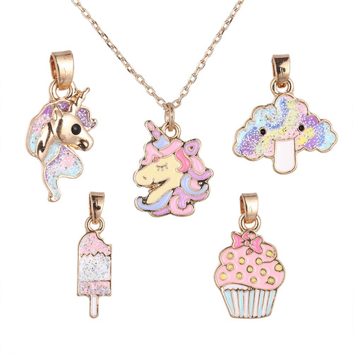 A05713 Children's Fashion Cartoon Unicorn Dial Belt Quartz Watch + Necklace Random Combination Set