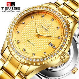 满天星瑞士系列TEVISE手表商务休闲镶钻男士全自动机械日历防水表
