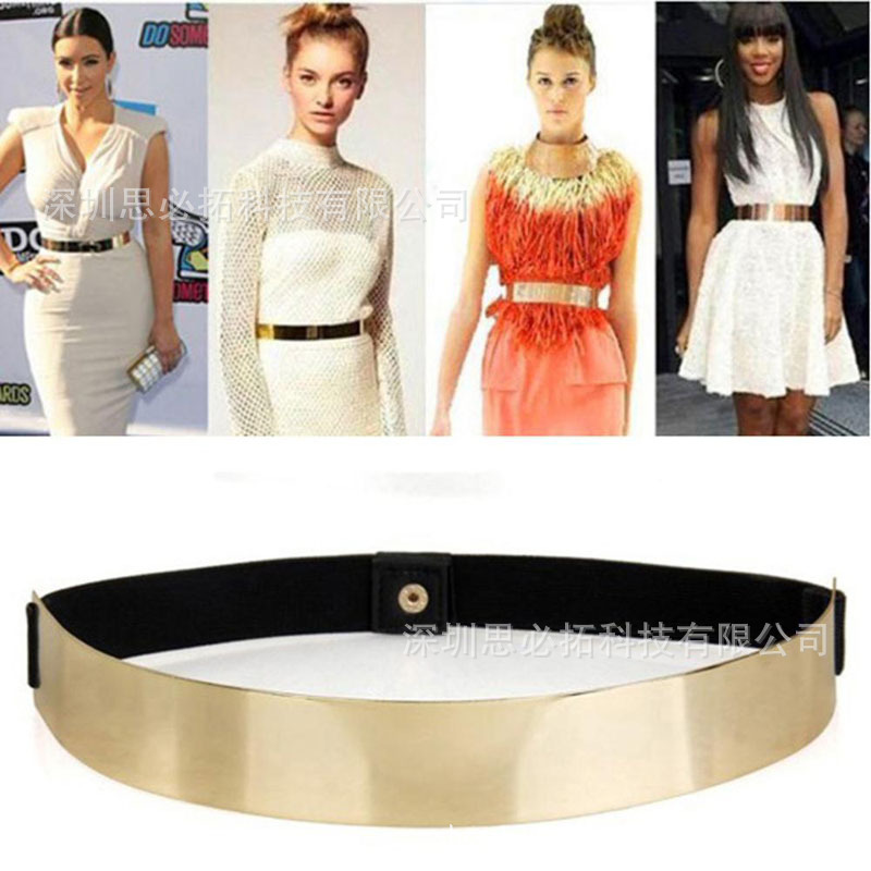 Moda popular de oro super largo espejo de metal simple versátil elástico Delgado cinturón de metal cinturón de mujer