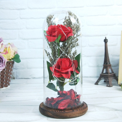 跨境仿真花桌面擺件聖誕節創意禮物永生花玻璃罩玫瑰花小夜燈批發