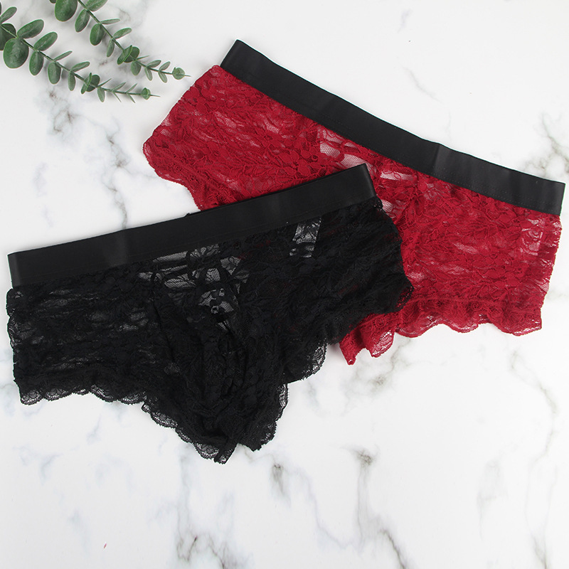 Comercio exterior europeo y americano más tamaño sexy Boxer calzoncillos encaje bajo cintura hombres sexy ropa interior transparente encaje calzoncillos