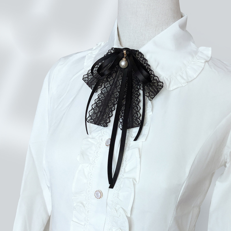 Camisa con lazo de perlas para mujer con cinta, pequeños accesorios de encaje negro estilo Chanel, broche de lazo, decoración de ropa.