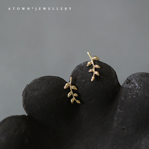 S925 sterling silver plated 14K gold plate branch and leaf earrings mini temperament leaf and branch Japanese and Korean ins style small earrings
