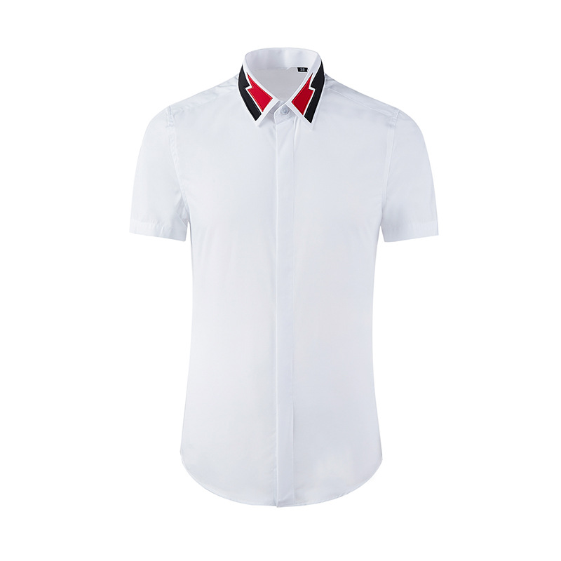 Áo sơ mi ngắn tay nam cổ nhọn thêu tia chớp, dáng ôm, chất cotton thoáng mát — Màu đen