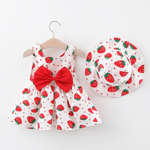 A732 children's skirt wholesale baby girl small fresh big strawberry printed dress to send hat children's skirt generation hair