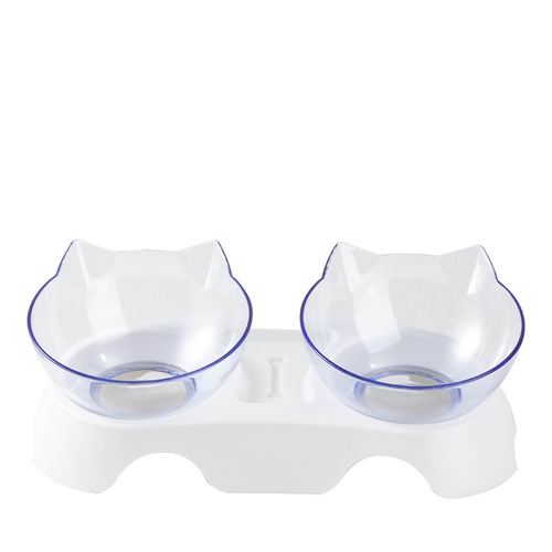 Cat bowl cat face protection cervical spine cat bowl cat feeding and drinking water pet transparent double bowl cat food bowl plastic cat bowl