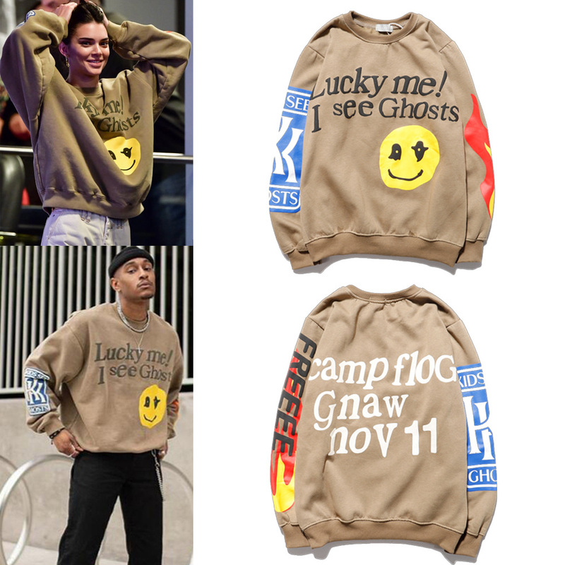 kanye kanye Smiley Letter Foam Printed Round Neck Sweater for Men and Women Couple's Fleece Jacket
