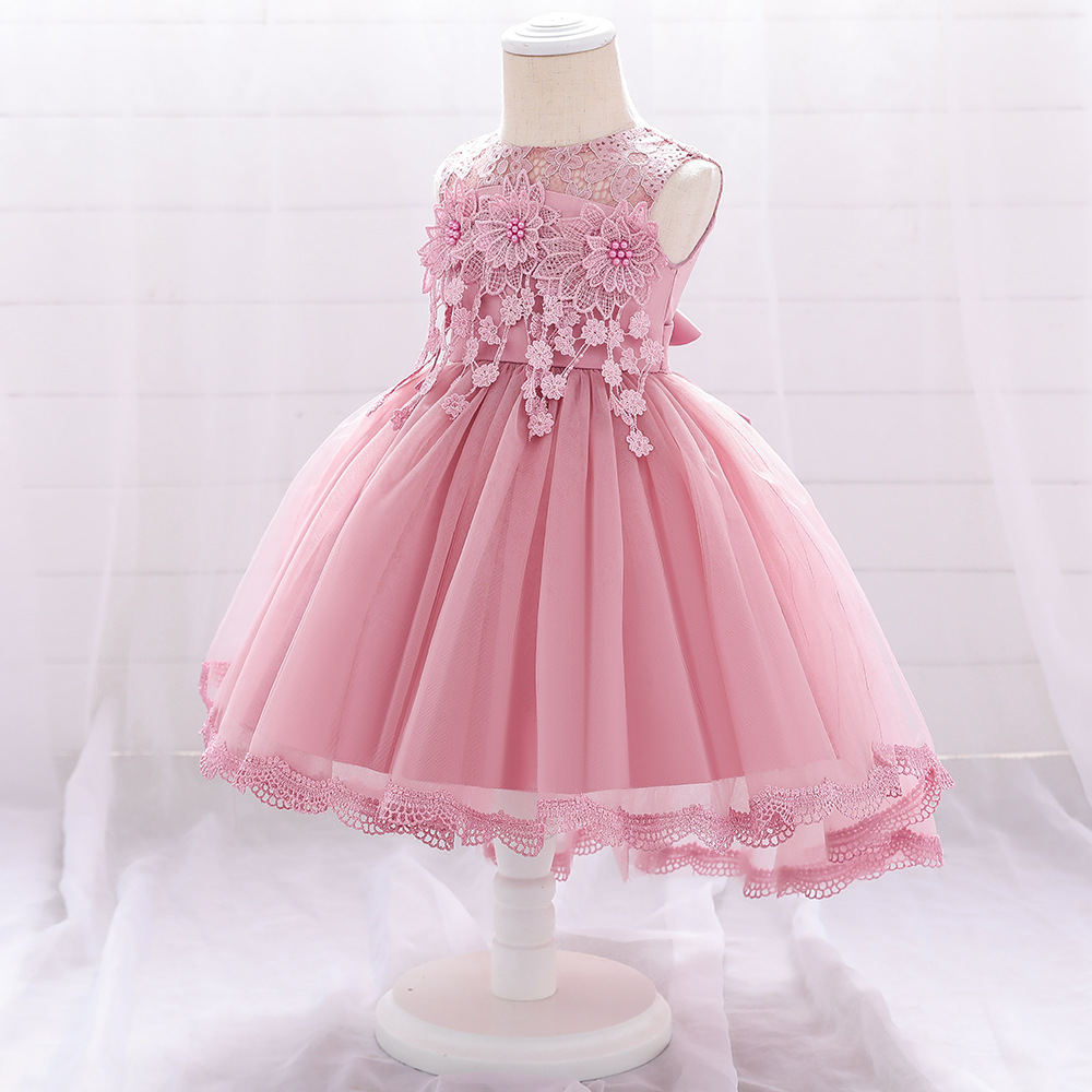 European and American New One-Year-Old Washed Dress Spliced Lace Sleeveless Princess Dress Girls Stereo Applique Beaded Tuxedo