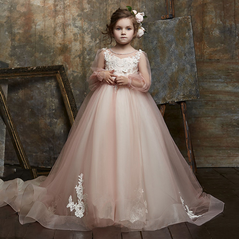 Robe de princesse en dentelle pour filles – Élégante robe de bal à manches longues et jupe en tulle vaporeuse pour anniversaires, concours de beauté et occasions spéciales (3-13 ans, rose)_voghion.com