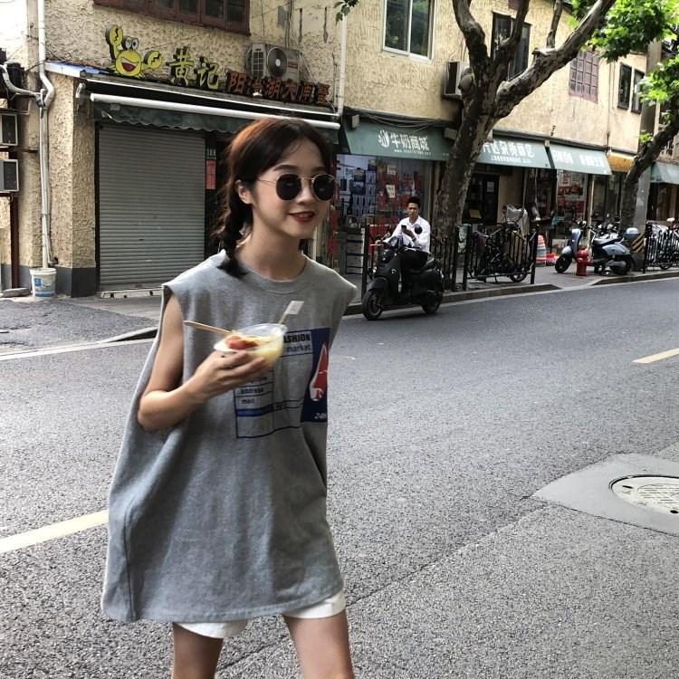 2024 Summer Korean-style Back Split Front and Back Letter Printed Loose Mid-length Sleeveless Vest Women's T-shirt Top
