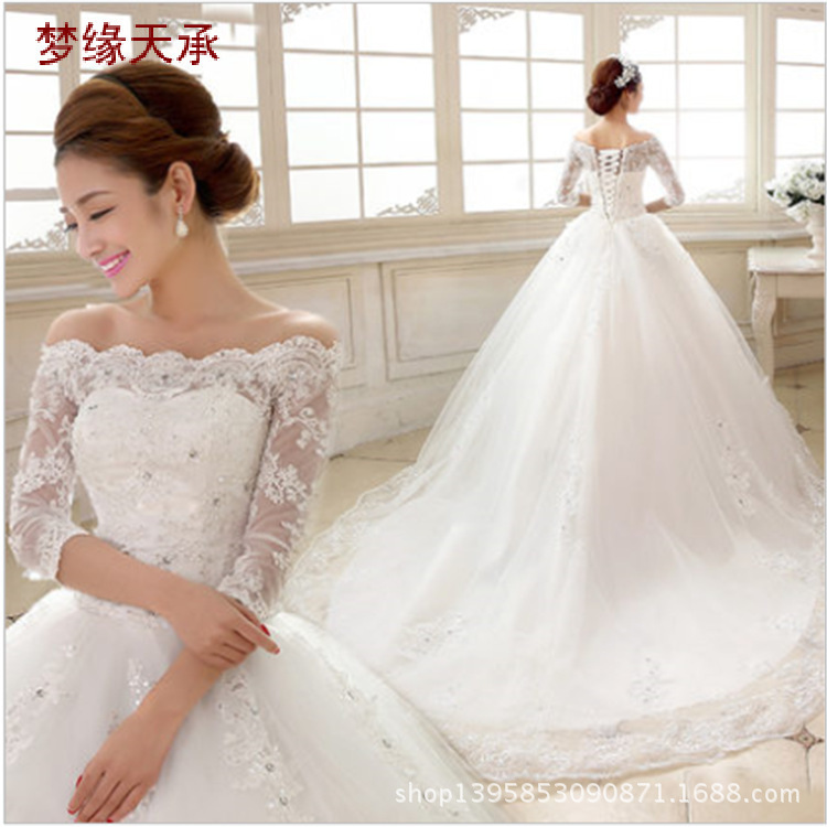 Wholesale Main Wedding Dress 2024 New Bridal Off-Shoulder Mid-Length Sleeve Long Train Plus-Size Banquet Train Wedding Dress Manufacturer