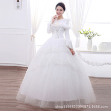 批发2024新款新娘结婚婚纱冬季一字肩长袖夹棉保暖齐地蓬蓬婚纱