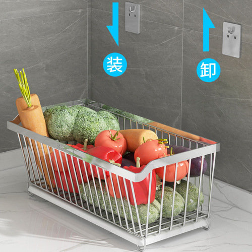 304 stainless steel kitchen and bathroom storage rack without punching wall-mounted fruit and vegetable blue storage basket basket
